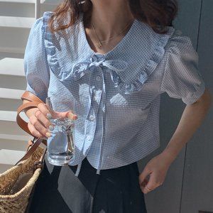 Plaid lotus leaf tie doll collar short bubble